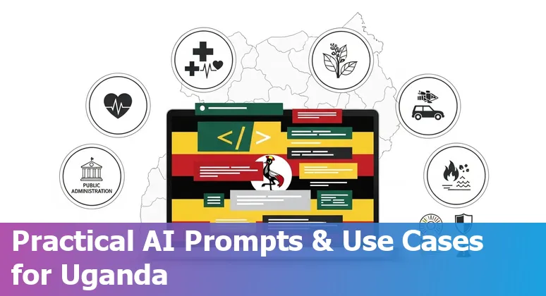 Map-like illustration showing AI applications across Uganda government agencies: UIA, URA, UNMA, UETCL, Umeme, KCCA, MoH, MAAIF, MoWT, NITA.