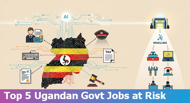 Ugandan government office with AI icons, civil servants and government building showing automation risk and reskilling paths