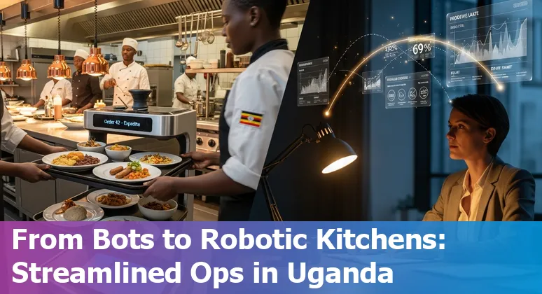 Hotel staff using an AI dashboard showing chatbots and demand forecasts for hospitality companies in Uganda