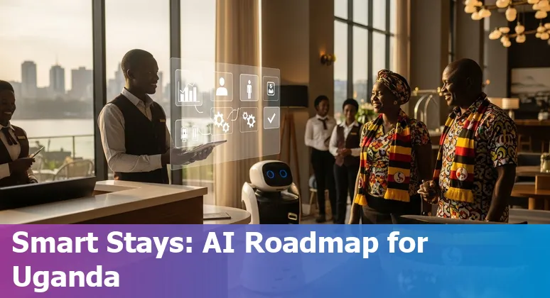 Hotel staff using an AI WhatsApp chatbot at a front desk in Kampala, Uganda, 2025