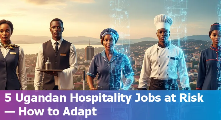 Hotel staff (receptionist, bartender, housekeeper, sales) with AI and robotics icons overlay