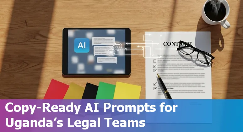 Ugandan lawyer using AI on a laptop with legal books and the Kampala skyline visible in the background