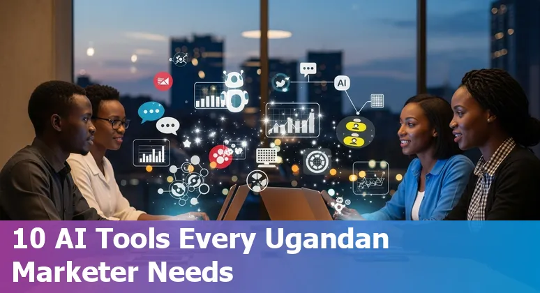 Collage of AI tool logos (ChatGPT, Canva, Jasper, HubSpot, Surfer SEO, Brand24, Descript, Synthesia, SocialPilot, Grammarly) over a map of Uganda