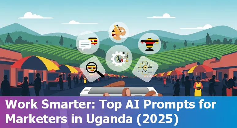 Ugandan marketer using AI tools ChatGPT, Canva, HubSpot, Perplexity and Make.com on a laptop with Kampala skyline in the background