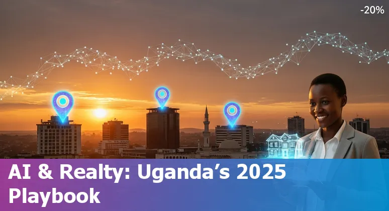 Uganda real estate professional using an AI dashboard with Kampala skyline in the background
