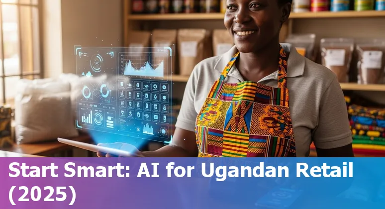 Ugandan retail store with AI dashboards and smart devices, showing AI in retail in Uganda 2025