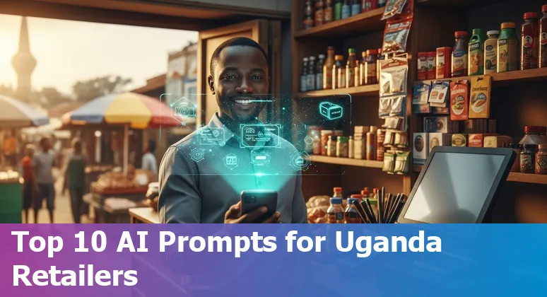 Illustration of AI-powered retail in Uganda: mobile shoppers, boda delivery and in-store AI tech