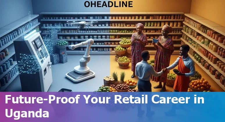 Ugandan retail worker using a mobile POS device with a background of a modern shop and AI icons.