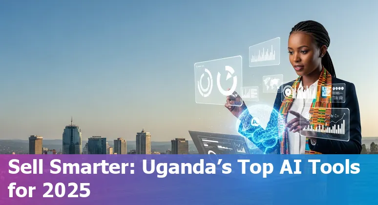 Ugandan sales professional using AI sales tools on a laptop with dashboards and a faint map of Uganda in the background