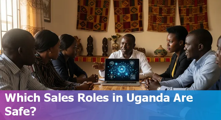 Ugandan salesperson using AI tools on a laptop in a Kampala office, Uganda