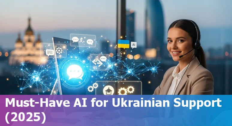 Collage of logos: HAPP AI, Yuma AI, Zendesk, Intercom, Microsoft Copilot, ChatGPT, DeepL, Intelswift, Tidio, Zapier over a Ukraine map