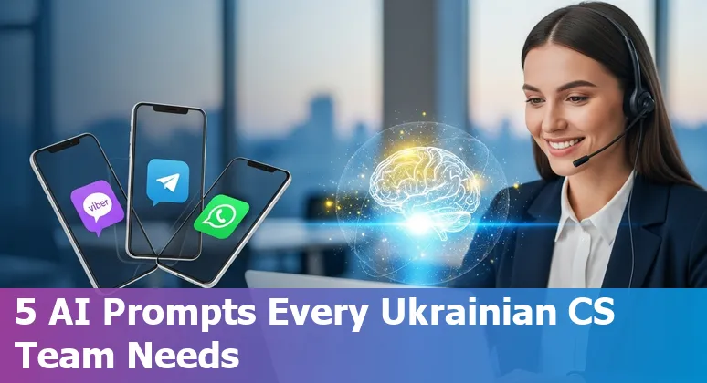 Ukrainian customer service agent using AI prompts on mobile messaging apps (Viber, Telegram, WhatsApp) with a Kanban board on screen