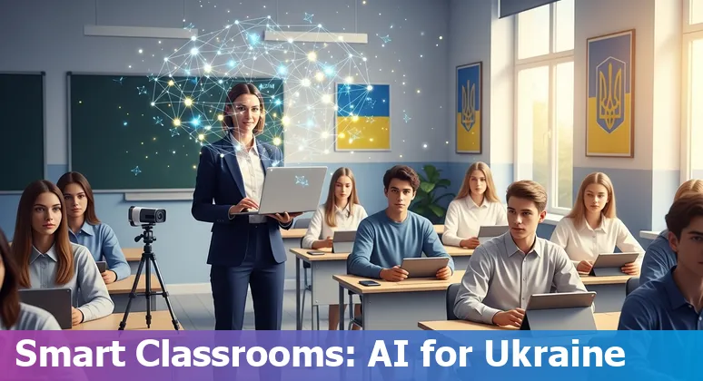 Educator in Ukraine using AI tools in 2025: laptop with Elai, ChatGPT and Midjourney screens showing classroom content in Ukraine.