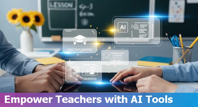 Illustration of AI in Ukrainian classrooms: teacher, students, tutoring bot, analytics dashboard, and VR headset