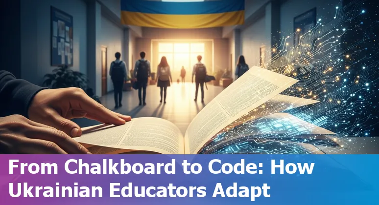 Ukrainian teacher reviewing AI tools while planning career moves — infographic of five at-risk education jobs and adaptation steps