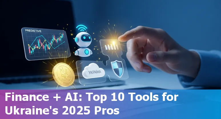 Collage of AI finance tools logos on a laptop with Ukraine flag