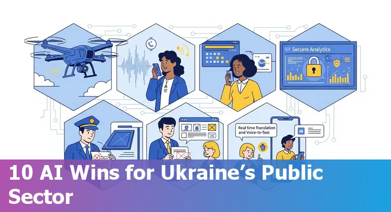 Illustration showing Ukraine government AI use cases: Delta, Zvook, ZIR, Griselda, Shield AI V‑BAT icons woven into a map outline of Ukraine