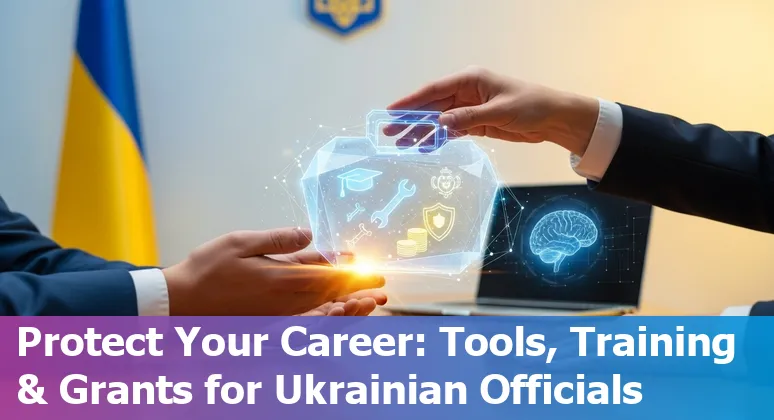 Ukrainian government worker reviewing AI-assisted drone and satellite imagery on a laptop