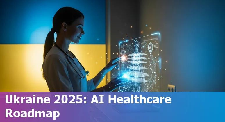 Illustration of AI transforming healthcare in Ukraine, showing hospitals, Diia portal and data flow in Ukraine