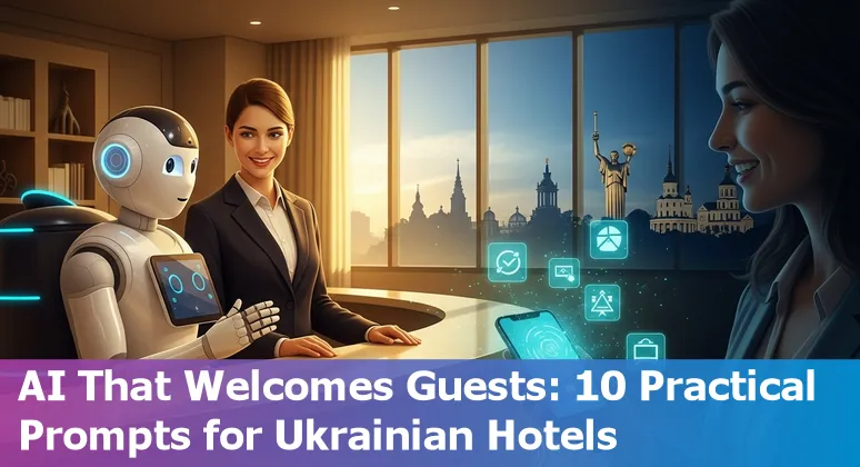 Hotel receptionist using AI chatbot on tablet with Ukrainian city map and icons for bookings, translation, and automation