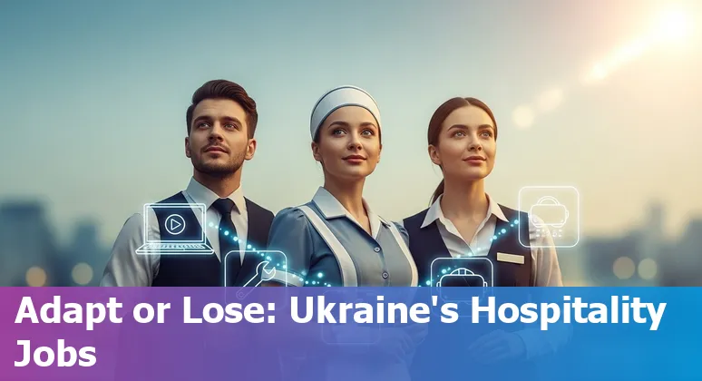 Ukrainian hotel staff using tablet with AI icons overlay, symbolizing hospitality jobs adapting to AI