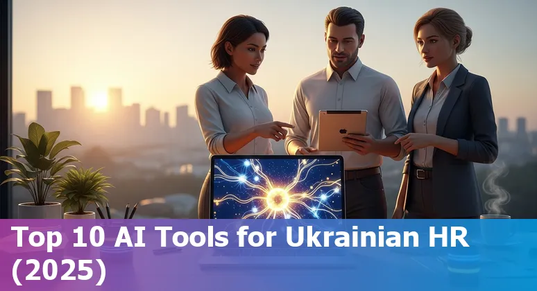 Collage of AI tool logos (ChatGPT, Google Gemini, Microsoft Copilot, DeepL, Paradox, Eightfold, SeekOut, HAPP AI, HR Acuity, Lattice) over a Ukraine flag backdrop.