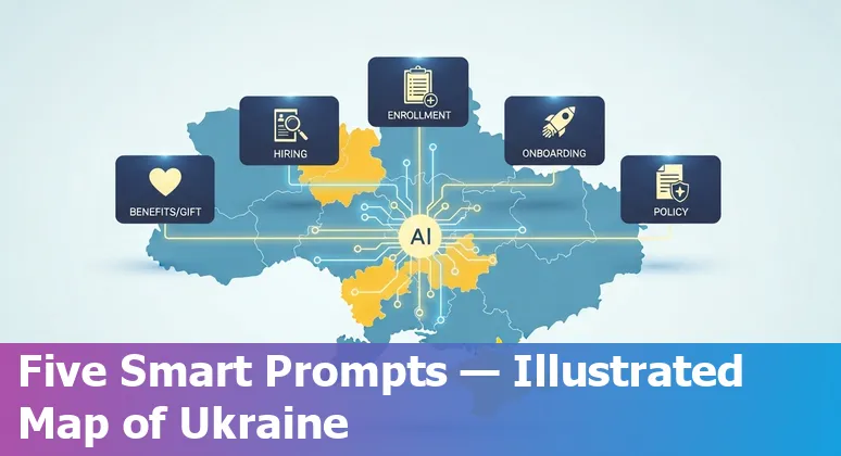 HR professional in Ukraine using AI-generated templates on a laptop for benefits, onboarding, hiring, and policy communications