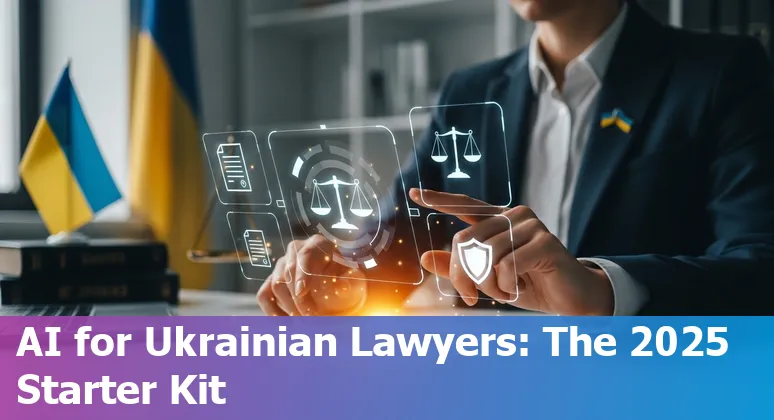 Legal professional using AI in Ukraine in 2025, laptop with legal texts, AI icons and Ukraine flag elements