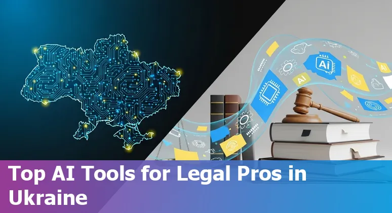 Collage of AI icons and Ukrainian flag with legal scales representing AI tools for lawyers in Ukraine 2025