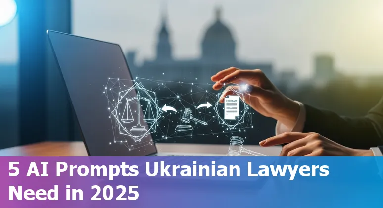 Ukrainian lawyer using AI on a laptop with legal documents and Kyiv skyline in the background