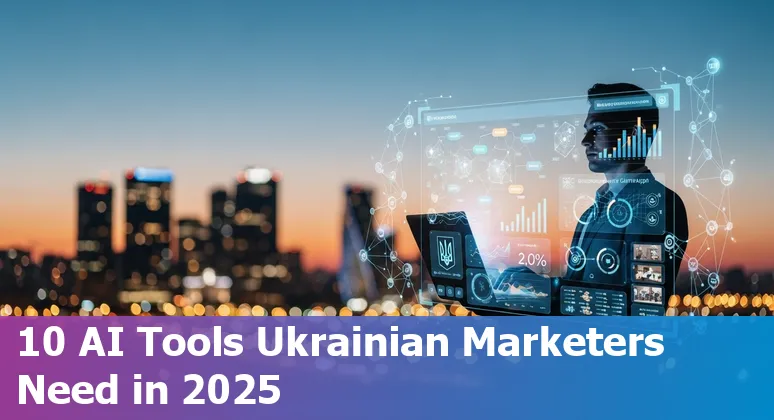 Collage of top AI marketing tools logos with Ukraine map and marketing icons