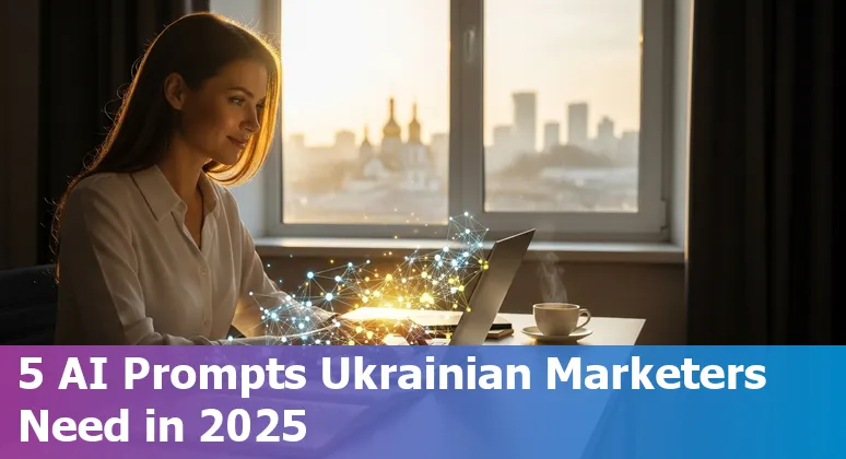 Ukrainian marketer using AI prompts on a laptop with Kyiv skyline in the background.