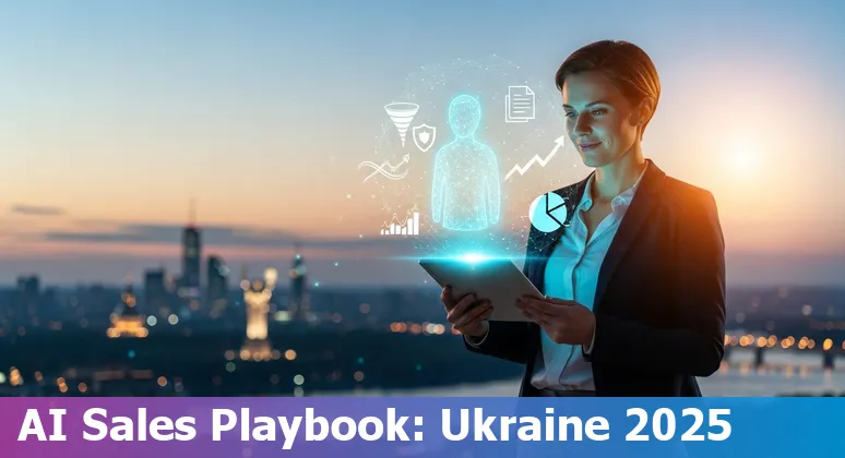 Sales professional using AI sales tools in Ukraine 2025 — laptop with AI dashboards and Ukrainian flag visible