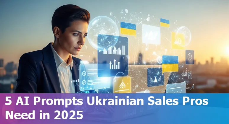 Ukrainian sales professional using AI prompts on laptop with Kyiv skyline in background