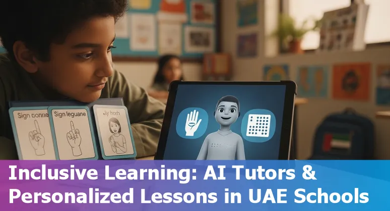 Teacher using AI prompts on a tablet to create Arabic-English lesson plans for UAE classrooms.
