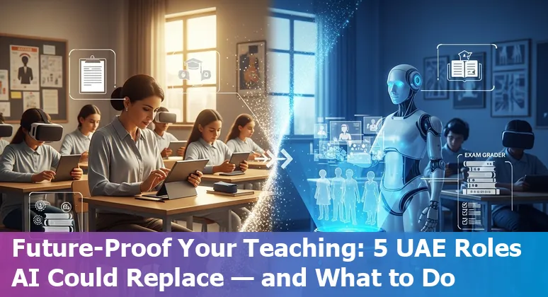 Teacher and school staff using AI tools on laptops with UAE skyline in background
