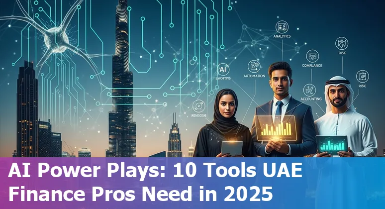 Illustration of finance professionals in UAE using AI tools: dashboards, invoices, tax forms and compliance icons.