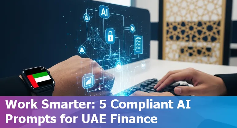 Finance professional using AI prompts on a laptop in Dubai skyline, illustrating UAE AI governance and compliance.