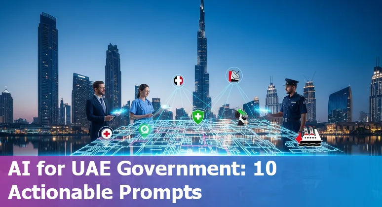 Illustration showing UAE government AI use cases: chatbots, satellites, robot delivery and smart-city dashboards
