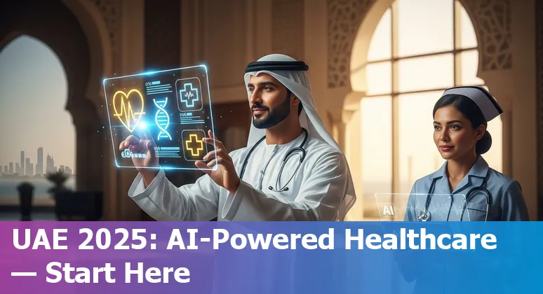 Healthcare AI concept illustration with UAE flag and Dubai skyline, representing AI in the United Arab Emirates in 2025