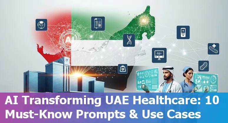 Healthcare worker using AI-enhanced radiology interface with UAE flag and icons for genomics, telemedicine, and wearables.