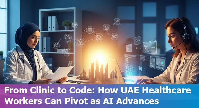 UAE healthcare professionals discussing AI impact beside icons for radiology, coding, pathology, ophthalmology, and telemedicine