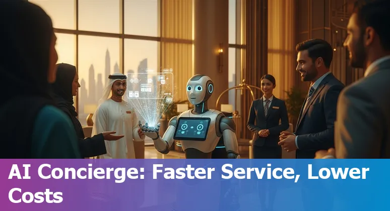 Hotel staff and service robots collaborating in a United Arab Emirates hotel lobby to show AI-driven hospitality efficiency in the United Arab Emirates.