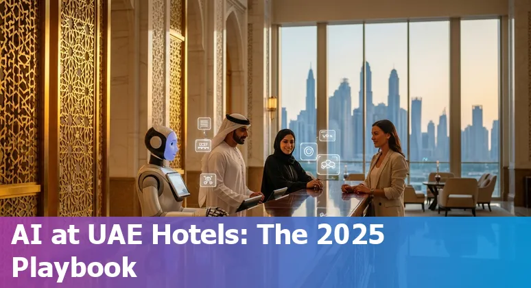 Hotel lobby with AI concierge kiosk in the United Arab Emirates