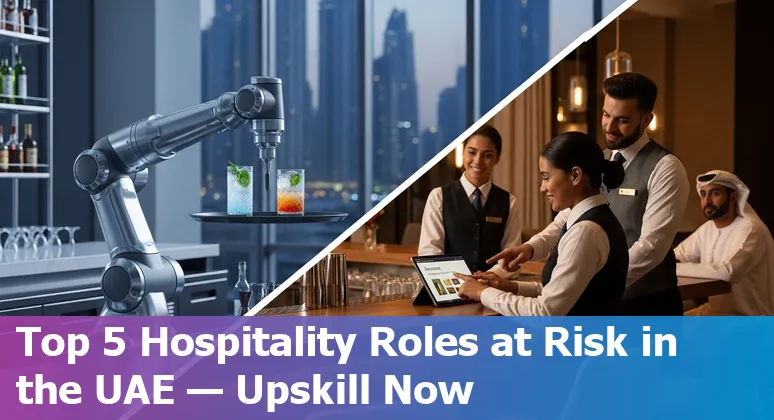 Hotel front desk with a kiosk and a receptionist assisting a guest, illustrating AI and human collaboration in UAE hospitality.