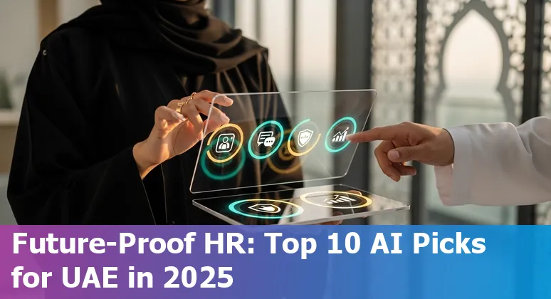 HR professional using AI tools dashboard showing hiring, engagement, and compliance analytics in UAE office