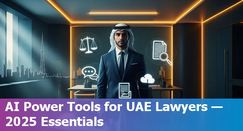 Collage showing logos of Lexis+ AI, CoCounsel, Darrow, Harvey, Clio, Spellbook, Ironclad, Paxton, NexLaw and MyCase with UAE skyline.