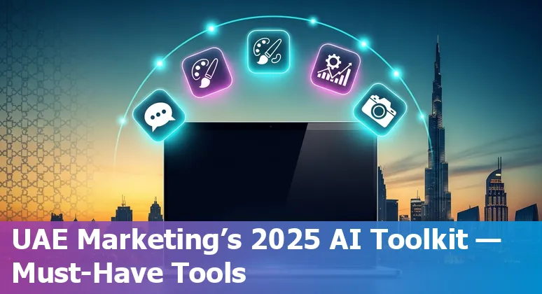 Collage of AI marketing tools logos (ChatGPT, Midjourney, Adobe Firefly, Mailchimp) over Dubai skyline.