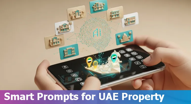 Dubai skyline with icons for AI prompts, property listings, valuations, and virtual tours