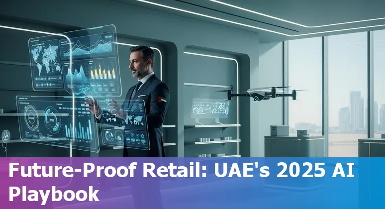 Retailers using AI technology in a United Arab Emirates (UAE) store with Dubai skyline — AI in UAE retail 2025